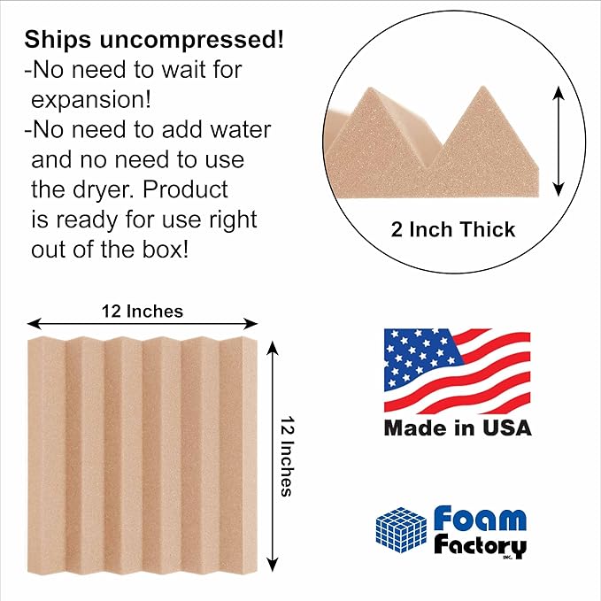 Foam Factory Inc 24 Pack Color Acoustic Foam Panel Studio Soundproofing Wedge Wall Tiles 12” X 12” X 2” (Rosy Beige)