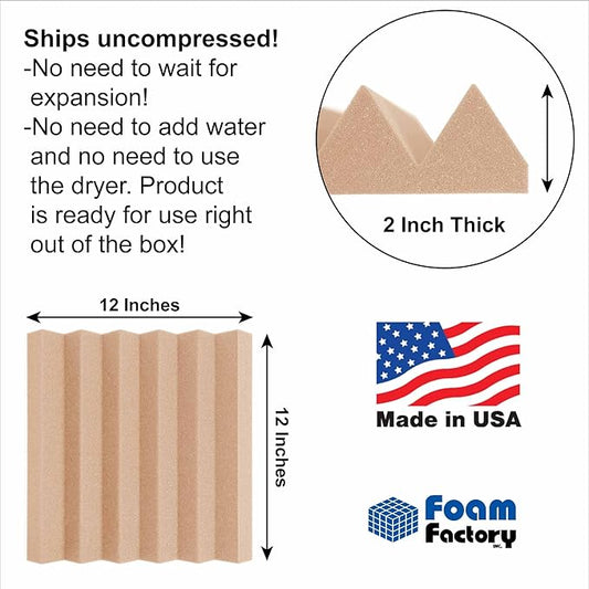 Foam Factory Inc 24 Pack Color Acoustic Foam Panel Studio Soundproofing Wedge Wall Tiles 12” X 12” X 2” (Rosy Beige)