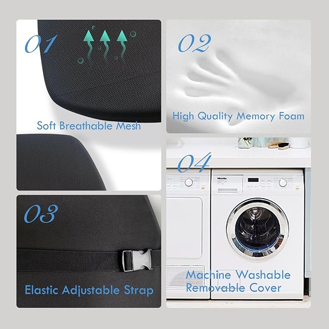 Super Cozy Lumbar Support Pillow for Car/Office Chair, 100% Memory Foam Lumbar Pillow with Breathable Removable Cover, Ergonomic Design - Back Support for Back Pain Relief(Adjustable Strap, Black)