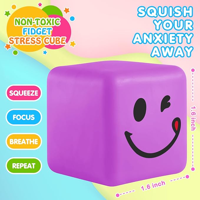 Slow Rising Stress Cube 30 Pack, Square Cube Fidget Ice Cube Stress Balls, Dough Stress Balls Soft Fidget Squishy Toys for Anxiety Relief, Pull Stretch Squishy Toy, Classroom Prize (Smile 4PACK)