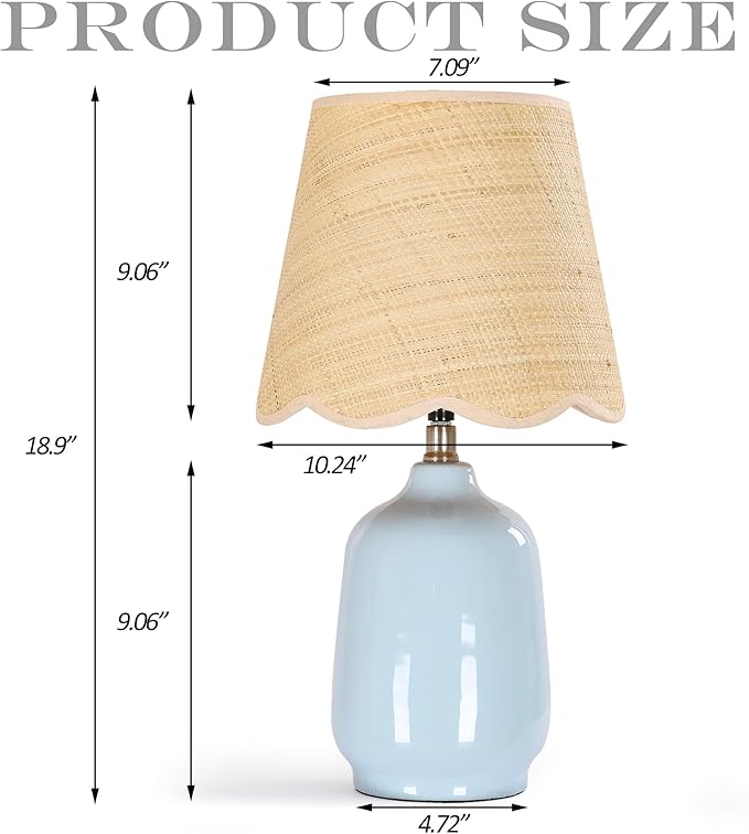 Pia Ricco 19" Modern Ceramic Table Lamp for Living Room Light Bule Base Desk Lamps for Bedroom Farmhouse Bedside Nightstand Lamp End Table Lamps,Bule,Rattan Shade