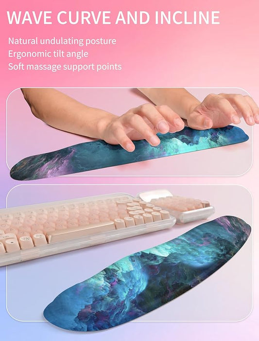 Hokafenle 2in1 Combination, Wave Keyboard Wrist Rest and Ergonomic Curvature Mouse Pad Wrist Support for Relieve Wrist Pain, Filled with Soft Cushion Memory Foam, Nebula Dreamland