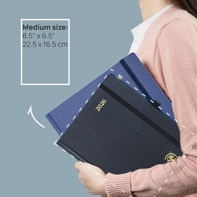 POPRUN 2026 Planner (Medium Size 8.5''x 6.5'' Hardcover) - Daily Weekly and Monthly Calendar Agenda 2026 Appointment Book with Hourly Time Slots, Monthly Tabs, 100 GSM - Black