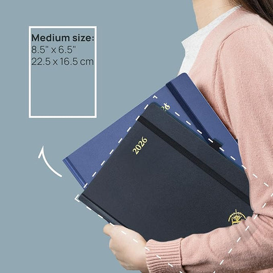POPRUN 2026 Planner (Medium Size 8.5''x 6.5'' Hardcover) - Daily Weekly and Monthly Calendar Agenda 2026 Appointment Book with Hourly Time Slots, Monthly Tabs, 100 GSM - Navy Blue