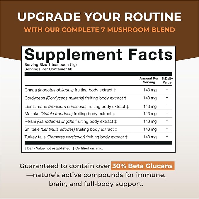 Sacred 7 Organic Mushroom Supplement – 100% Fruiting Body Extract Powder with Lions Mane, Reishi, Chaga & More | Nootropic & Immune Support for Coffee, Tea, Smoothies – 60 Servings