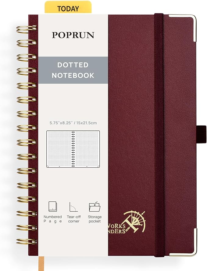 POPRUN Spiral Dotted Journal Notebook, [A5-5.75'' x 8.25''] - 120 GSM Thick Paper, 141 Numbered Pages, Hardcover for Men & Women with Pocket, Index Tabs, 8 Perforated Sheets, Burgundy