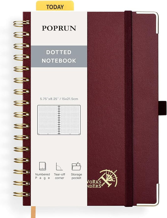 POPRUN Spiral Dotted Journal Notebook, [A5-5.75'' x 8.25''] - 120 GSM Thick Paper, 141 Numbered Pages, Hardcover for Men & Women with Pocket, Index Tabs, 8 Perforated Sheets, Burgundy