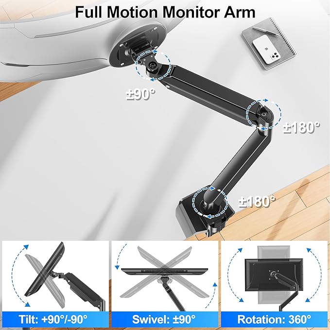Heavy Duty Monitor Mount for Max 49 inch Ultrawide Screens, Hold 2.2 to 44 lbs, Premium Single Monitor Arm for Samsung Odyssey G9 and More, Adjustable Gas Spring Desk Stand, VESA Mount