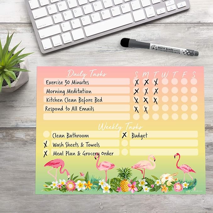 Dry Erase Whiteboard Task Planner | Removable and Restickable Adhesive Decal | Fine-Tip Magnetic Marker Included (9 x 12 inches, Tropical)