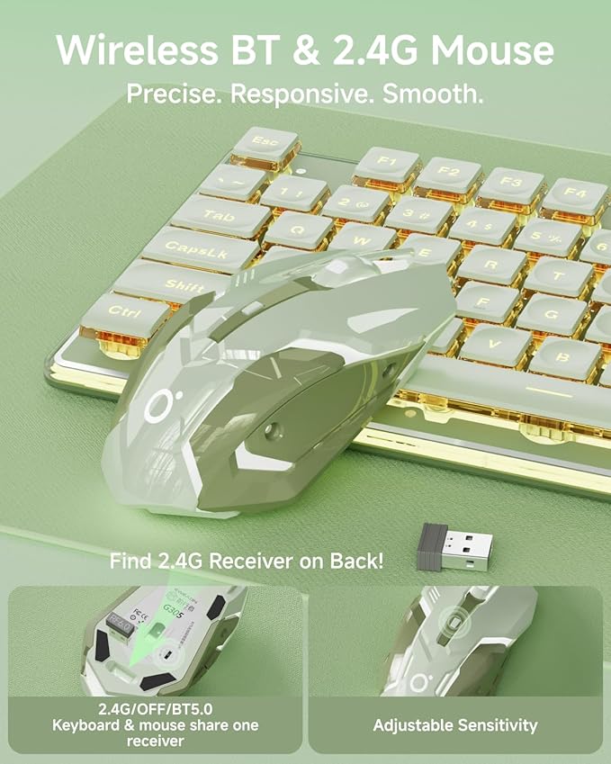 V3 Wireless Keyboard and Mouse with Single Backlit, Metal Panel, Bluetooth/2.4G Rechargeable Silent Keyboard and Mouse Combo Light up Full Size Cute Keyboards-Green