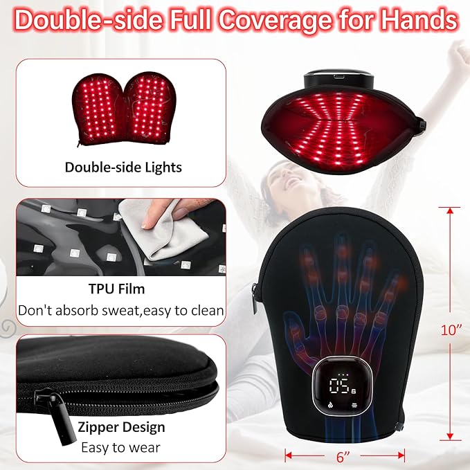 Red Light Therapy for Hand Pain Relief with 660nm & 850nm Infrared Light, 5 Modes, Timer, Cordless Rechargeable LED Near Infrared Light Therapy Gloves Device for Arm/Forearm/Finger/Wrist Joint