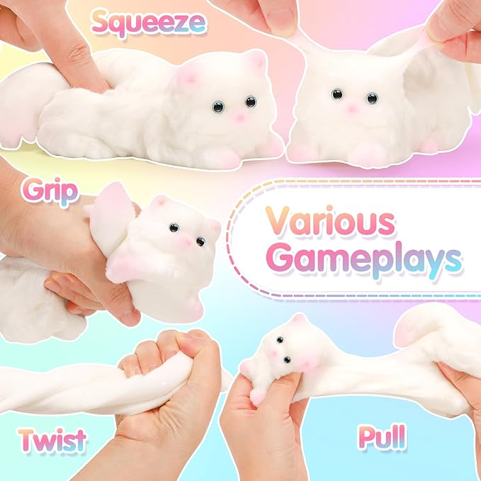 Big Squeeze Cat Toys with Basket,Soft Cat Squishies Sensory Fidget Toys for Stress Anxiety Relief, Sticky Toys Party Favors Christmas Birthday Gift for Kids Teens