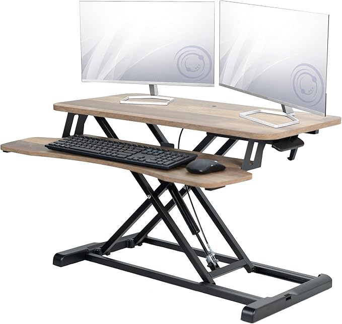 VIVO 32 inch Desk Converter, K Series, Height Adjustable Sit to Stand Riser, Dual Monitor and Laptop Workstation with Wide Keyboard Tray, Reclaimed Wood Top, Black Frame, DESK-V000KP