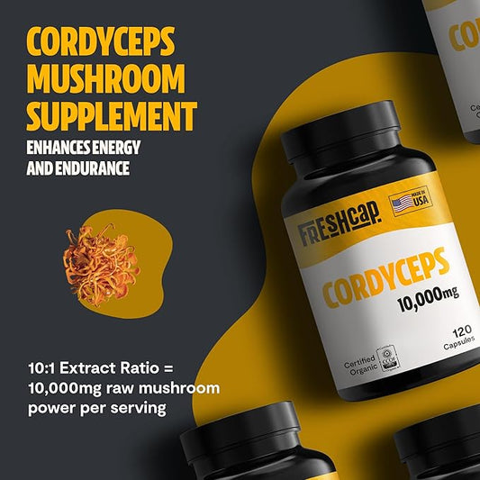 FreshCap Mushrooms Cordyceps Mushroom Capsules 10,000mg - Mushroom Extract, Energy Supplements, Ayurveda Nootropic Mushroom Supplements (120 Capsules)