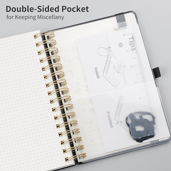 EMSHOI Bullet Dotted Journal Spiral Notebook - 300 Pages, A5 Hardcover Leather, 100 GSM Thick Dot Grid Notebook for Women Men Work Writing, Bullet Journaling, Drawing, 5.7" x 8.22", Black