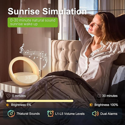 Bluetooth Alarm Clock, Sunrise Simulation Wake Up Night Light, 15W Fast Wireless Charging Alarm Clock for Bedroom, 10W Bluetooth Stereo Sound Speaker, USB Charger Port