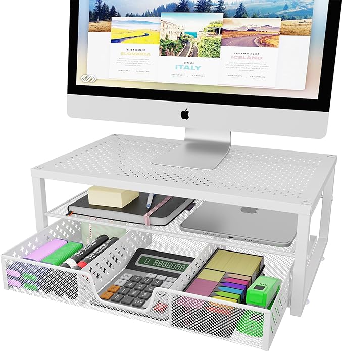 Simple Trending Metal Monitor Stand Riser and Computer Desk Organizer with Drawer for Laptop, Computer, iMac, White