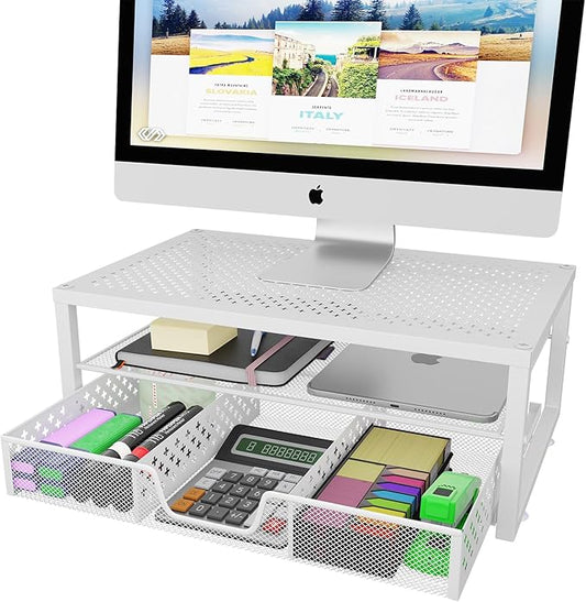 Simple Trending Metal Monitor Stand Riser and Computer Desk Organizer with Drawer for Laptop, Computer, iMac, White