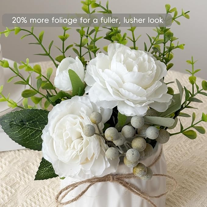 Faux Flowers with Vase, 2pcs Small White Artificial Flowers Arrangement, Potted Plants,Decoration for Bathroom Home Party Office Desk Wedding,Coffee Table Decor (White)