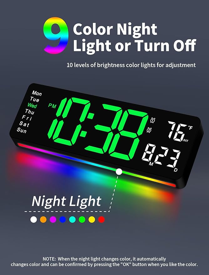 MASHI Digital Wall Clock, 16" Large Display Digital Clock with Remote Control, Auto-Dimming Wall Clock with Night Light, DST, Date Week,Temp for Living Room, Bedroom, Decor, Gift for Elderly