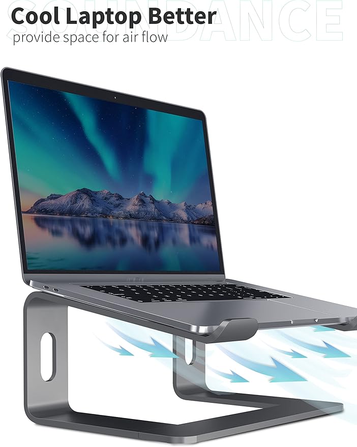 SOUNDANCE Laptop Stand, Aluminum Computer Riser, Ergonomic Laptops Elevator for Desk, Metal Holder Compatible with 10 to 15.6 Inches Notebook Computer, Grey
