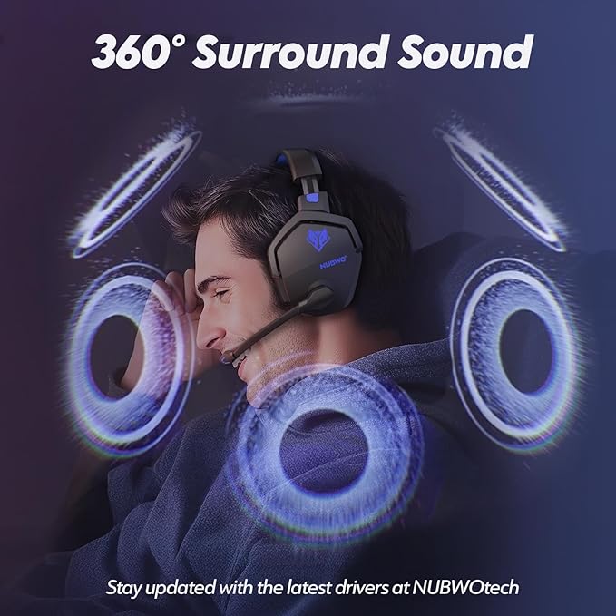 NUBWO Wireless Gaming Headset with Mic for Ps5 Ps4 PC, Zero Interference, 100-Hour Battery All-Day Play, 23ms Sync for Fortnite & Call of Duty/FPS Gamers, Triple Mode All Devices Compatible - Blue