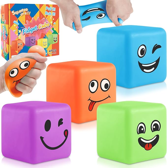 Slow Rising Stress Cube 30 Pack, Square Cube Fidget Ice Cube Stress Balls, Dough Stress Balls Soft Fidget Squishy Toys for Anxiety Relief, Pull Stretch Squishy Toy, Classroom Prize (Smile 4PACK)