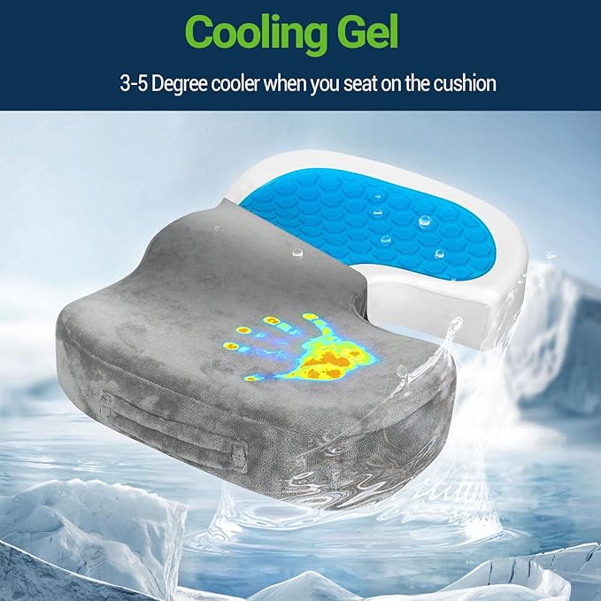 Gel Seat Cushion – Office Chair Cushion – Non-Slip Gel Memory Foam Coccyx Cushion for Tailbone Pain - Desk Chair Car Seat Cushion Driving - Sciatica Back Pain Relief, Velvet, Grey