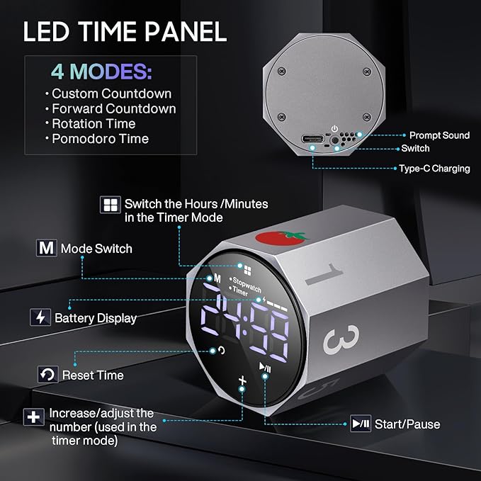 Digital Pomodoro Timer,Frosted Metal Productivity Cube Timer,1.8 in LED Digital Large Screen and Auto-Rotating Display,1/3/5/10/25/30/60min & Custom Time, Silent & Alarm,for Office, Study, Work(Grey)