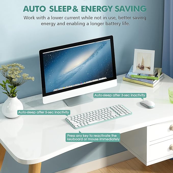 Wireless Keyboard and Mouse Combo, XTREMTEC Cute Kawaii Green Aesthetic Quiet Laptop Keyboard Teclado y Mouse Inalambrico Mac (Macaron Green)