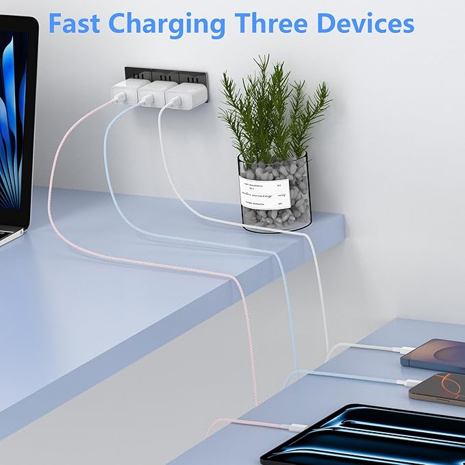 Fast Charging for iPhone 17 16 Pro Max Charger Colorful, 3Pack 20W USB C Fast Charger Block with 3Pack 6ft Long USB C Charging Braided Cable for iPhone 17/Air/16e/16/15 Pro, Airpods Pro, iPad Pro Air