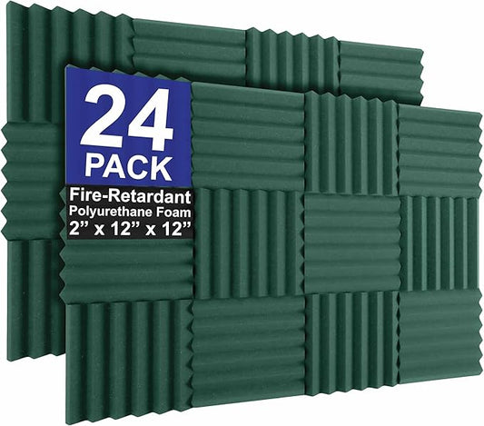 Foam Factory Inc 24 Pack Color Acoustic Foam Panel Studio Soundproofing Wedge Wall Tiles 12” X 12” X 2” (Forest Green)