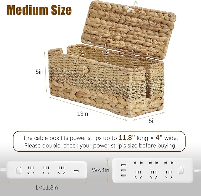Cable Organizer Box Handmade Wicker Rattan Cable Management Box Adapter Power Strips Outlet Router Cord Hider Cover Under Desk Electrical Wire Storage Organizer with Lid (Natural, Medium)