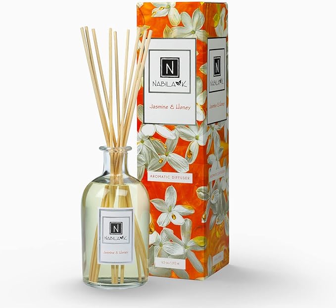 Nabila K Jasmine & Honey Reed Diffuser Set – Mediterranean Floral & Sweet Aromatic Oil for Home – Long-Lasting, Smokeless Scent – Made in USA – Includes Reeds + Bottle – Flameless Candle Alternative