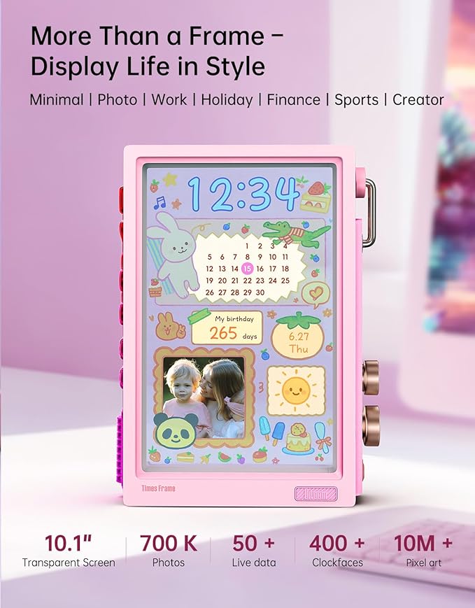 Divoom Times Frame-10.1" Digital Picture Frame Transparent IPS with RGBLED Rotary Knob WiFi 64GB 400+Clock Faces Widget 50+API Feeds Gift Mode Pixel Art Community Personalized Display (Pink)