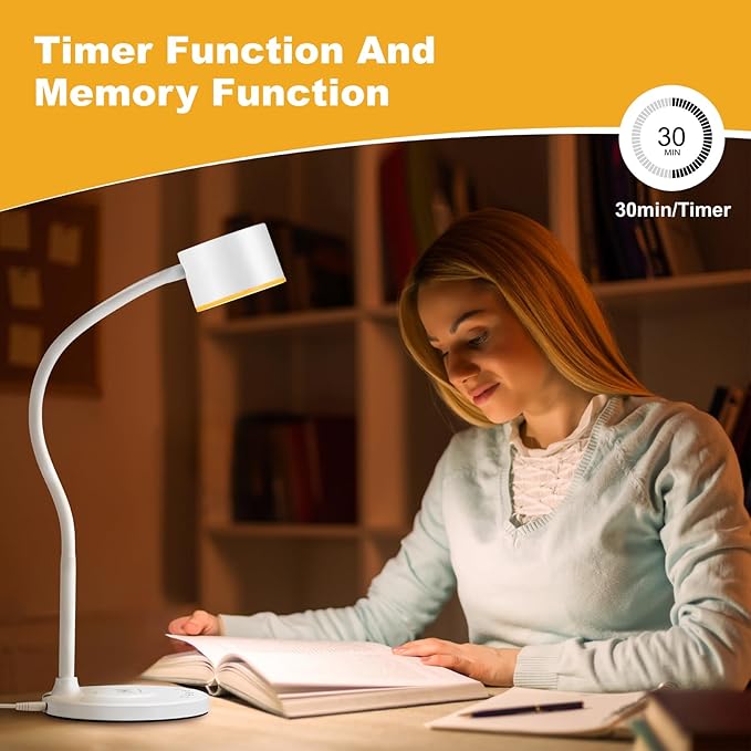 KAiSnova Desk Lamp for Office Home, Gooseneck Desk Lamp with Wireless Charger, Touch Table Lamp with USB C+A Charging Ports, 5 Colors Dimmable Bedside Reading Lamp for College Dorm Room White