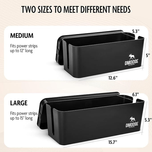 DMoose Cable Management Box - 2 Pack Medium & Large Cord Organizer for Desk & Floor, Cable Organizer Box for Child & Pet - Hider for Tidy Office & Home (Wood Print Lid, Black, Pack of 2)