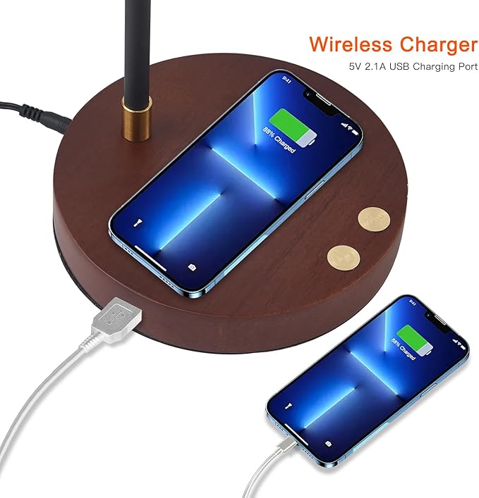 Adjustable Swing Arm Desk Lamp with Wireless Charger & USB Ports - Touch Control, 360° Flexible Metal Arm, Timer Function, Modern Office Lamp for Home Study, Bedroom, Reading (LED Bulb Included)