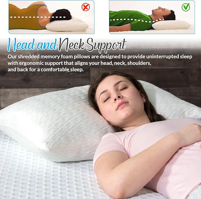 King Size Rayon Derived from Bamboo Pillows, Cooling Shredded Memory Foam Bed Pillow Sets for Side, Back, Stomach Sleepers, Adjustable, Washable Cover, King (Pack of 1)