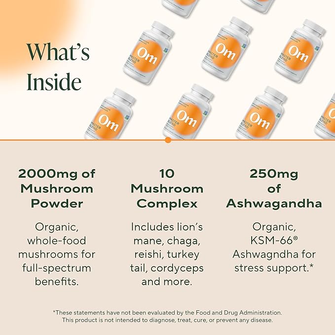 Om Master Blend Mushroom Capsules - Organic Mushroom Supplement with 10 Mushrooms and Ashwagandha – Support Immunity, Gut Health & Stress Relief, 84 Count (28 Servings)