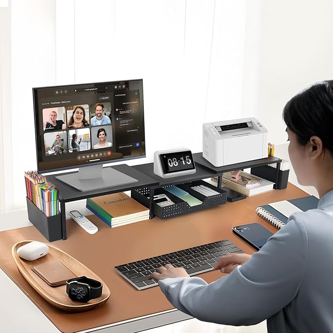 Desk Dual Monitor Stand Riser - Desk Organizer with Drawer and Pen Holders, Office Desk Accessories & Workspace Organization, Computer Monitor Stand for Laptop, Printer, TV(Black Wood)