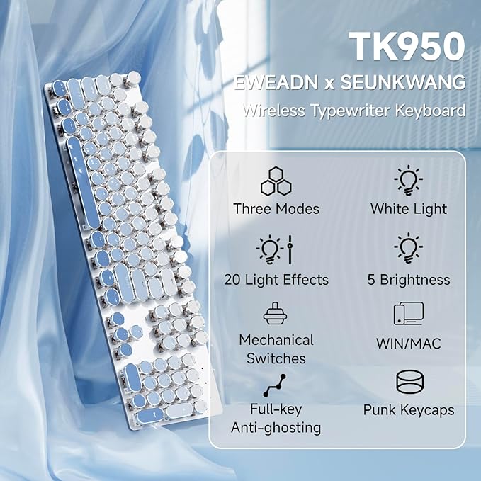 EWEADN Typewriter Keyboard Wireless Mechanical Keyboard, 104 Keys Gradient Color Typewriter Keyboards with White Backlit, Anti-Ghosting, Blue Switch Bluetooth/2.4GHz/Wired Keyboards-Blue