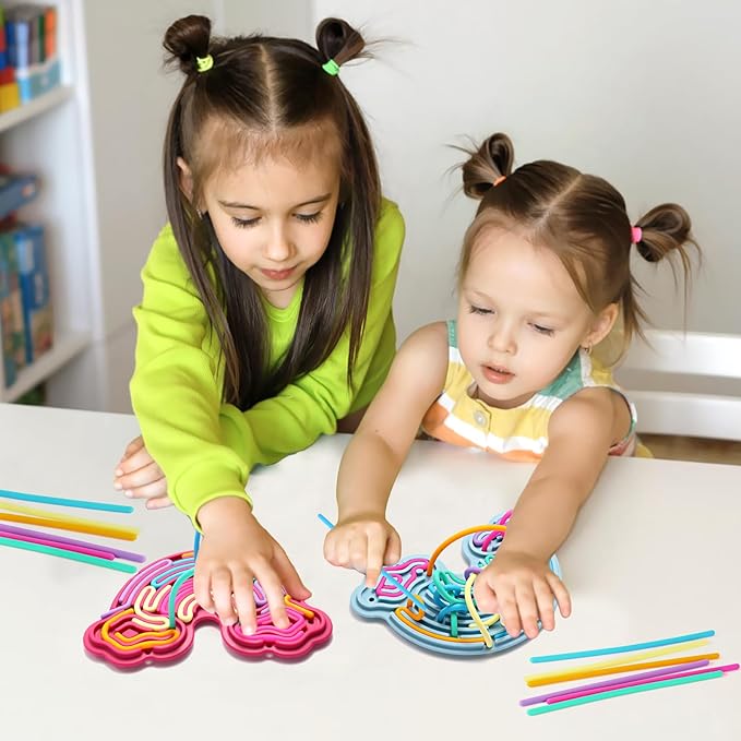 2 Pack Sensory Activity Board Silicone Fidget Toy, Double-Sided Rainbow Sensory Toys for Autism, Stress, Anxiety, ADHD, Kids 3+& Adults, Includes Travel Bag & 24 Strings, Red & Blue