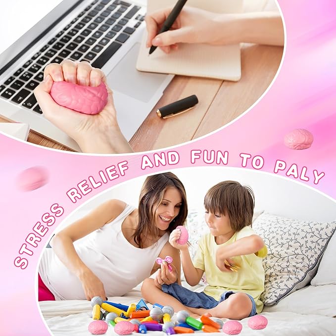 Jenaai 30 Pcs Brain Stress Ball Halloween Squeeze Toy 2.76 Inch PU Hand Muscle Exercise Pressure Ball Funny Stress Relief Toy for Teens Adults Improving Grip Strength Release Pressure(Pink)
