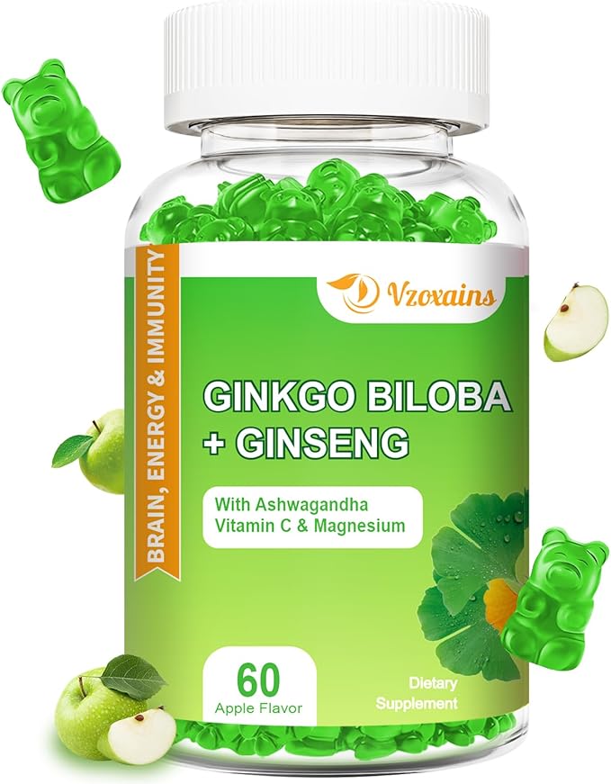 Ginkgo Biloba Gummies with Ginseng and Magnesium, Ginko Biloba Supplements Gummies for Brain Focus, Mood and Memory for Adults, 60 Cts