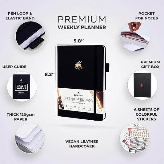 Clever Fox Planner Premium Edition – Undated Luxurious Weekly & Monthly Planner to Increase Productivity and Hit Your Goals – Organizer – Start Anytime, A5, Lasts 1 Year, Black (Weekly)
