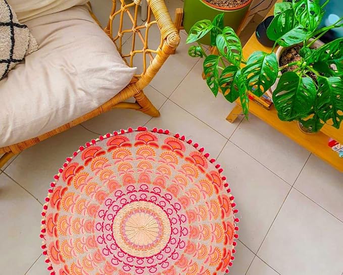 Mandala Life ART Large Boho Pouf Cushion Cover Pink Round Floor Pillow Luxury Kids Room Décor Cotton Pouf Ottoman Cushion for Meditation Yoga and Boho Chic Seating Area Stool Cotton 24x8 Unstuffed