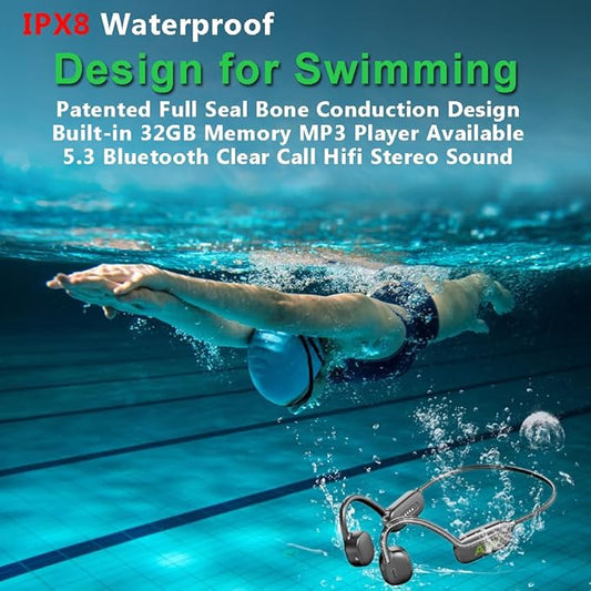 AYI Professional Swim Headphones True Bone Conduction Open Ear Headset MP3 Player Built-in 32G Memory IP68 Underwater Waterproof Bluetooth Earphone for Driving Bicycling Running Skiing-CS05 Black