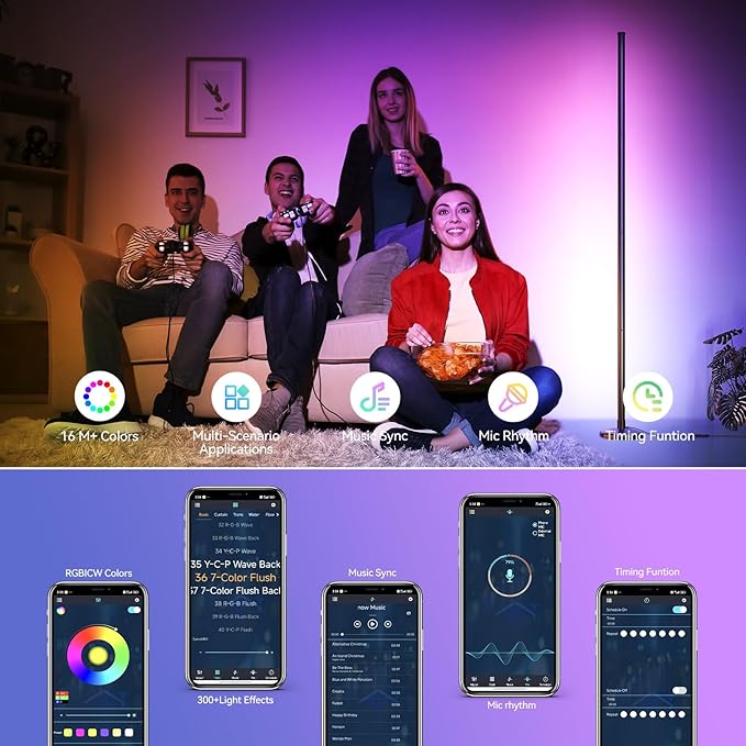 SUNMORY 2 Pack RGB LED Floor Lamp, 57" Corner Lamp with 80+ Scene & Timer, Smart Ambient Lighting with Music Sync & 16 Million Colors, Remote & App Floor Lamps for Living Room, Gaming Room, Bedrooms