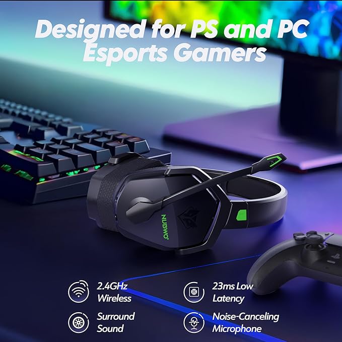 NUBWO G06 Dual Wireless Gaming Headset with Microphone for PS5, PS4, PC - 23ms Low Latency Audio - 100-Hour of Playtime - 50mm Drivers (Black-Green)